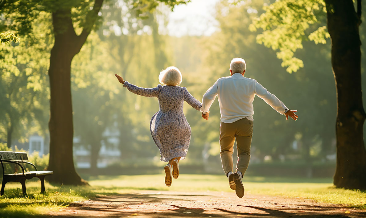 Ein älteres Ehepaar springt fröhlich im Park, Hand in Hand, und geniesst den Moment. Das warme Sonnenlicht filtert durch die Bäume und schafft eine ruhige und aufmunternde Atmosphäre.
